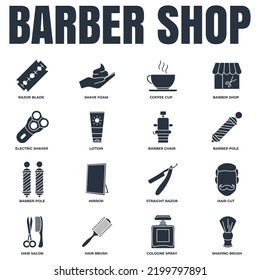 Juego de iconos web de banner shop. pulverización de colonia, cuchilla de afeitar, espejo, loción, barra de barbero, taza de café y un concepto de ilustración más vectorial.