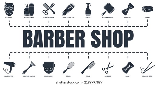 Barber shop banner web icon set. shaving razor, soap, towel, mustache, scissor, hair dryer and more vector illustration concept.