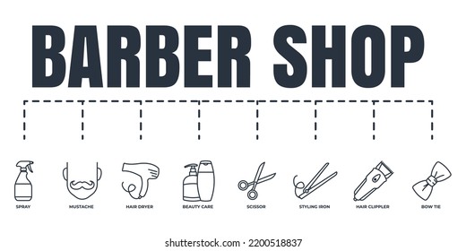 Juego de iconos web de banner shop. spray, bigote, tijera, secador de pelo, rizador de pelo, corbata de arco, cuidado de la belleza, diseño de ilustración vectorial de hierro estilizado.