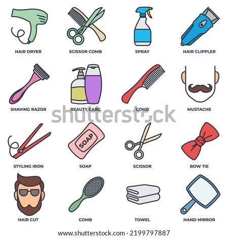 Barber shop banner web icon set. shaving razor, soap, towel, hand mirror, mustache, scissor, hair dryer and more vector illustration concept.