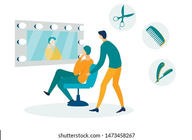 Barber Shop, Beauty Salon Flat Vector Illustration. Hairdresser and Customer in Chair Cartoon Characters. Man Changing Hairstyle. Barber Profession. Hairdressing Equipment, Scissors, Comb and Blade