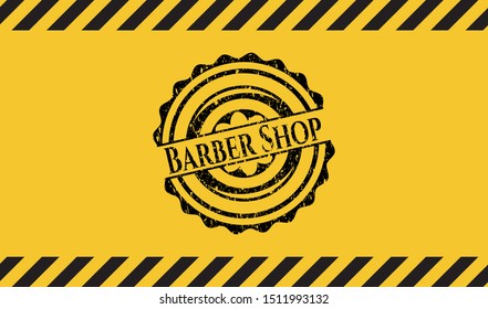 Barber Shop black grunge emblem with yellow background. Vector Illustration. Detailed.