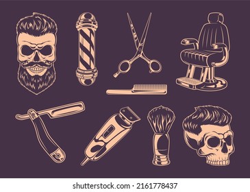 Barber shop. Brush hair scissors danger blade barber shop elements exact vector flat monochrome badges collection