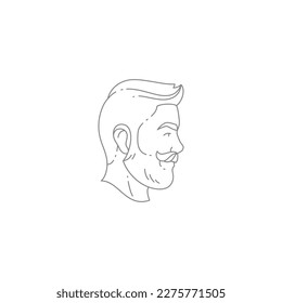 Barber shop brutal man head mustache hairdo coiffure beauty salon line vintage logo vector illustration. Barbershop male fashion studio hairdressing hairstyle shaving hipster haircut minimal icon