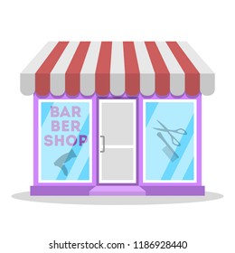 Barber shop building in the city front facade view. Urban architecture. Beauty salon for men. Isolated flat vector illustration
