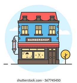 Barber shop, a building with classic barber shop pole and a tree. Stickers scissors and a razor on the window. Vector flat line illustration