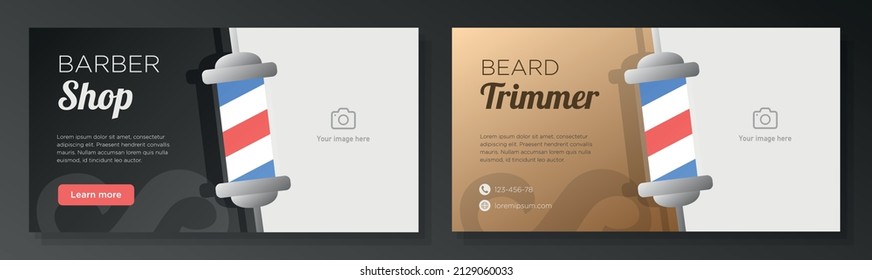 Barber shop business online banner template set, hairdresser care service corporate advertisement, horizontal ad, barber pole campaign webpage, flyer, creative brochure, isolated on background.