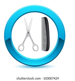 barber shop button with scissors and comb - vector illustation