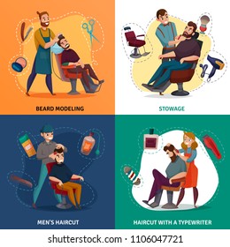 Barber shop cartoon design concept, beard modeling, styling, male coiffures, hair clipper isolated vector illustration