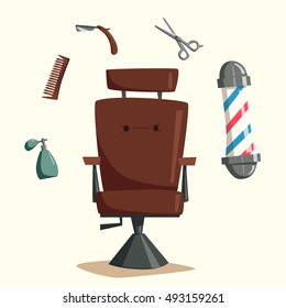 Barber shop. Cartoon vector illustration. Vintage hairstyle. Set of tools