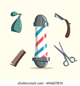 Barber shop. Cartoon vector illustration. Scissors in hand. Vintage hairstyle. Set of tools