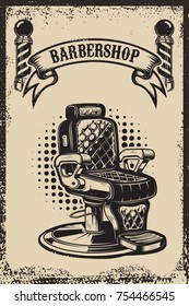 Barber shop. Barber chair on grunge background. Design element for poster, emblem, label, t shirt. Vector illustration