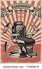 Barber shop. Barber chair on grunge background. Design element for poster, emblem, label, t shirt. Vector illustration