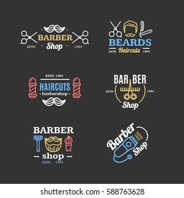 Barber Shop Color Emblems Set on a Dark Background Shaving and Grooming Services Vintage Design Style for Web. Vector illustration