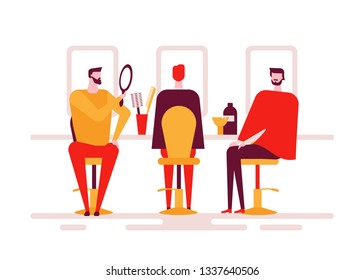 Barber shop - colorful flat design style illustration on white background. High quality unusual composition with cute male characters, men sitting in chairs at hairdresser, looking in the mirrors