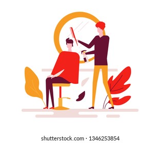 Barber shop - colorful flat design style illustration on white background. High quality unusual composition with a hairdresser making a hairstyle to a man. Beauty concept