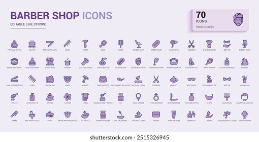 Barber shop colorful icon collections. Line editable icons pack. Line icon for web and ui. Vector illustration. Icon names are written in English.