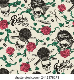 Barber shop colorful vintage pattern seamless with roses and skulls to decorate uniform of hairdressing salon employees vector illustration