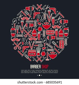 Barber shop concept in circle contains of bearded men, mustache, scissors, shaving accessories. Vector illustration for web page, banner, print media.