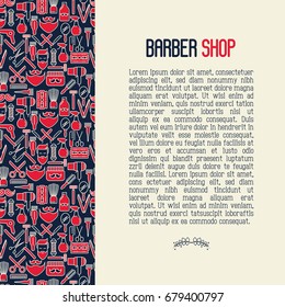 Barber shop concept contains seamless pattern with thin line icons of shaving accessories. Vector illustration for web page, banner, print media.