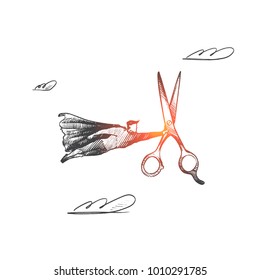 Barber shop concept. Hand drawn superhero with giant scissors in his hand. Flying hero with instrument for make haircut isolated vector illustration.