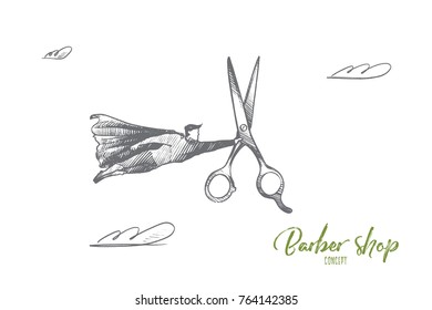 Barber shop concept. Hand drawn superhero with giant scissors in his hand. Flying hero with instrument for make haircut isolated vector illustration.