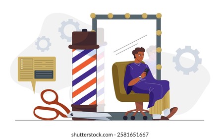 Barber shop concept. Man sitting in chair near large scissors. Beauty treatment, aesthetics and elegance. Hairdressing services. Changing hair and beard style. Flat vector illustration