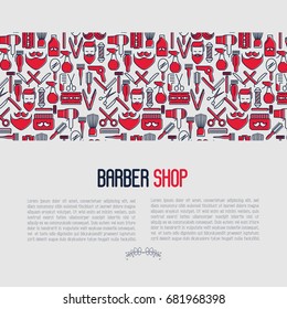 Barber shop concept with thin line icons of shaving accessories. Vector illustration for web page, banner, print media.