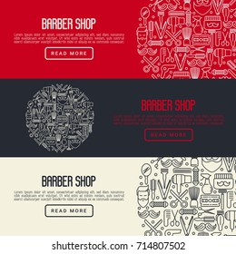 Barber shop concept with thin line icons of shaving accessories. Vector illustration for web page, banner, print media.