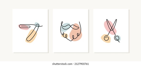 Afiches de línea continua en la peluquería. Razor, barba, tijeras ilustraciones abstractas.