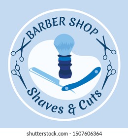 Barber Shop Creative Banner with Haircut Tools as Straight Razor Blade and Shaving Brush Surrounded with Scissors Frame and Shaves and Cuts Typography. Cartoon Flat Vector Illustration, Icon, Label