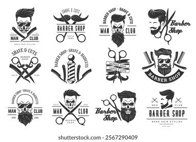 Barber shop. Decorative labels for barbershop hairdresser recent vector emblem with place for text