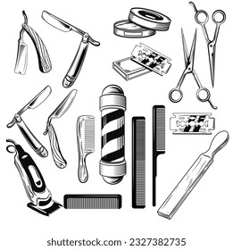 Barber shop design elements black white classic sketch