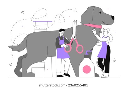 Barber shop dogs line concept. Woman and man with scissors near large grey puppy. Beauty and elegance, aesthetics. Grooming procedures for domestic animals. Linear flat vector illustration