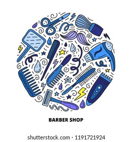 Barber shop doodle icons with lines, symbols around composed in circle shape.