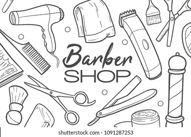 Barber Shop Doodle Line Background Flyer Design Vector Art