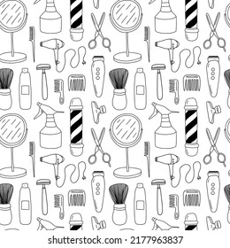 Barber shop doodle seamless pattern. Hand drawn vector barbershop elements isolated on white background.