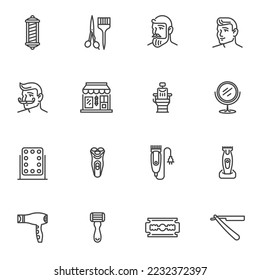 Barber shop elements line icons set, outline vector symbol collection, linear style pictogram pack. Signs, logo illustration. Set includes icons as hair clipper, electric shaver, razor blade, scissors