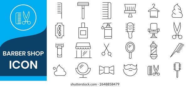 Elementos de barbearia - conjunto de ícones de linha fina mínima da web. Coleção de ícones de tópicos. Ilustração de vetor simples.