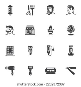 Barber shop elements vector icons set, modern solid symbol collection, filled style pictogram pack. Signs, logo illustration. Set includes icons as hair clipper, electric shaver, razor blade, scissors