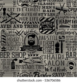 Barber shop elements vector seamless pattern with tartan background
