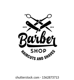 Barber shop emblem badge logotype sign. Barbershop monochrome design element for advertising prints posters. Vector vintage illustration.