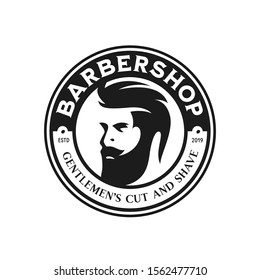 Barber shop emblem badge logotype sign. Barbershop monochrome design element for advertising prints posters. Vector vintage illustration.
