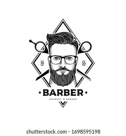 Barber shop emblem with hipster man and scissors. Vector illustration