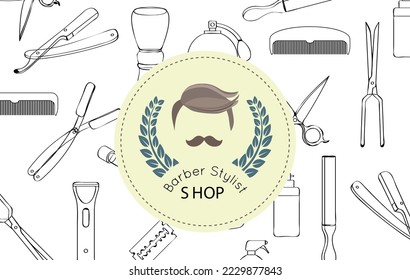 barber shop emblem isolated on barber seamless elements design lettering. Hand drawn graphics.background. 