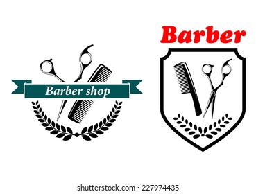 Barber Shop emblems or labels depicting a comb and scissors with text, one in a shield and the other with a ribbon banner and wreath, vector illustration on white