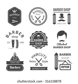 Barber shop emblems set with brush beard cream blade isolated vector illustration