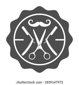 Plantilla de emblemas de la peluquería. Sello con símbolo gráfico de herramientas de barbero aislado en fondo blanco. Símbolo de la Barbería. Ilustración del vector