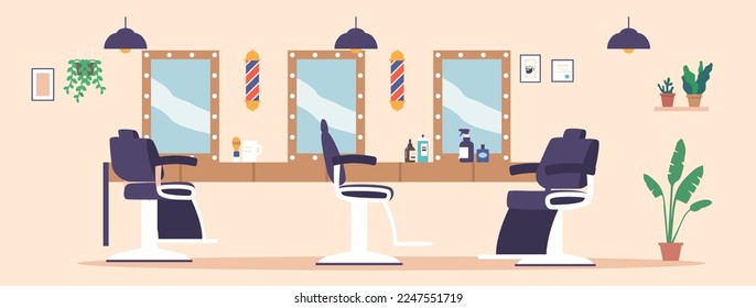 Barbería Salón Vacilador Interior con Sillas, Espejo, Cosméticos y Herramientas o Equipo para el Relajamiento en el Escritorio, Barbershop Masculino, Lugar para Hombres Beautician y Recorte de pelo. Ilustración del vector de dibujos animados