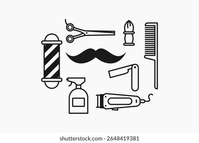 conjunto de design de linha de ícone de equipamento de barbearia